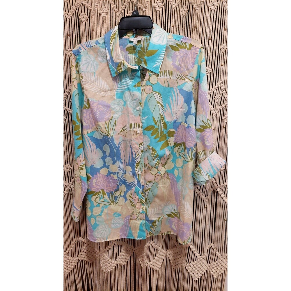 NEW Talbots Pastel summer buttoned blouse long sleeve tropical flowersPLUS X